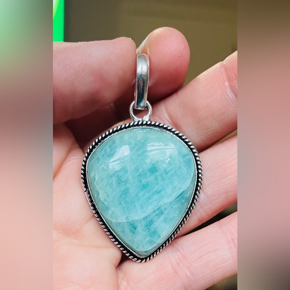 Gorgeous Natural Polished Amazonite Teal Pendant 925 Sterling Silver - Picture 2 of 6